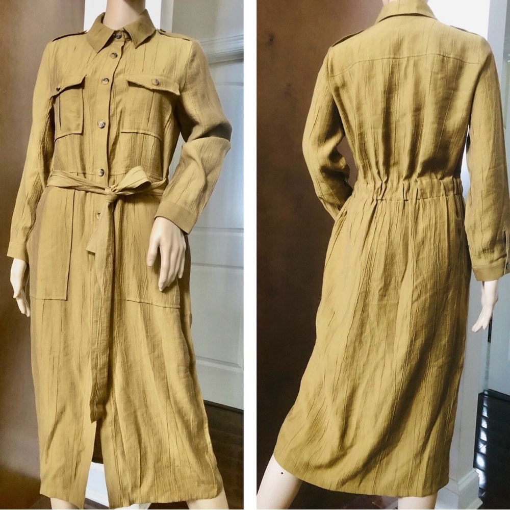 Zara Shirt Dress Tan Camel Color Pockets Belt Long Sleeve Size X-small Collar
